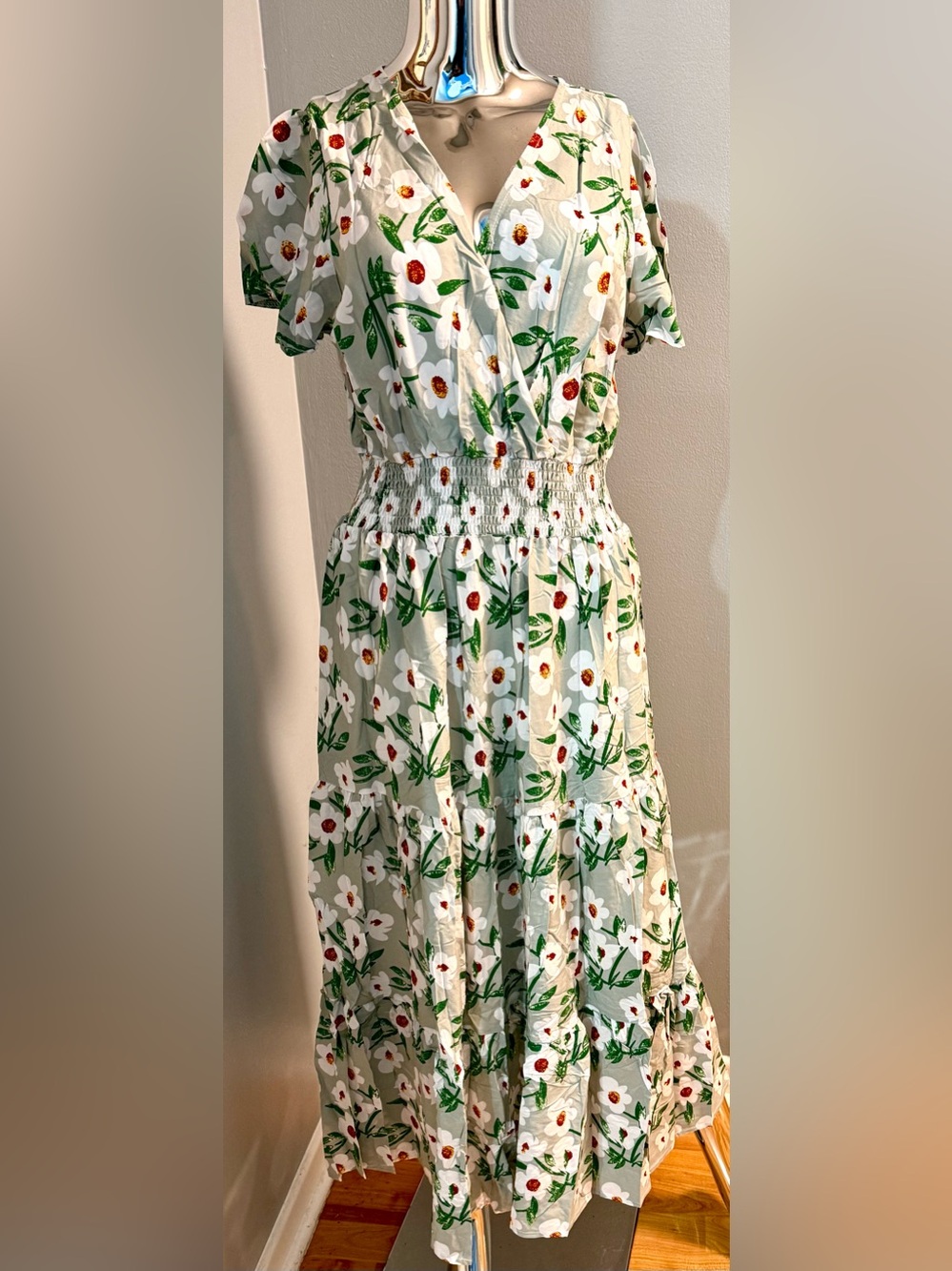 Doublju Cream Floral Maxi Dress with Green Leaves and Red Accents L